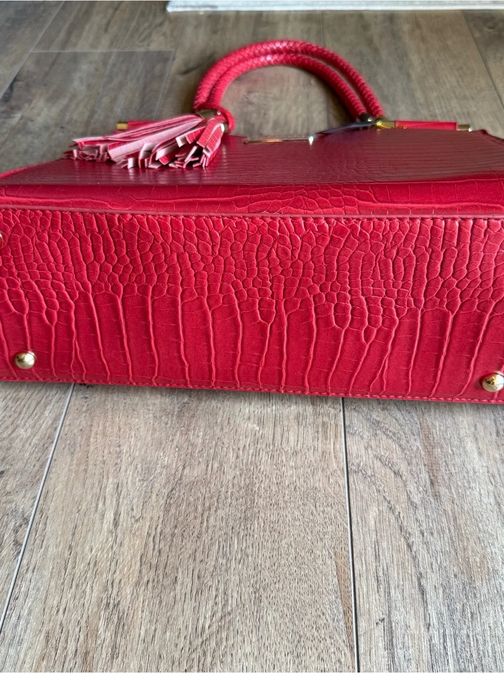 NWT BEBE Red Croc Embossed Handbag Braided Top Handles/Tassels/Crossbody Strap